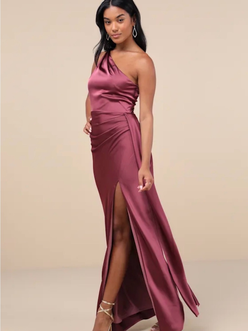 Lulu's One-Shoulder Satin Gown in Rose-Mauve